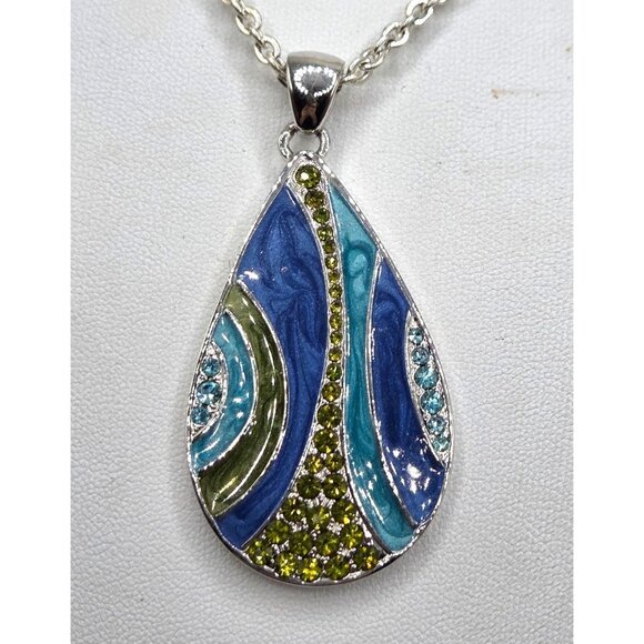 Teardrop Multicolor Pendant Necklace With Blue & Green Crystals On Silver-Tone C - Picture 2 of 2
